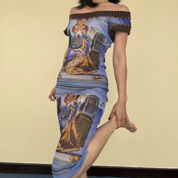 VTG Jean Paul Gaultier MAILLE fuzzi tattoo Dali print mesh dress - Picture 3 of 13